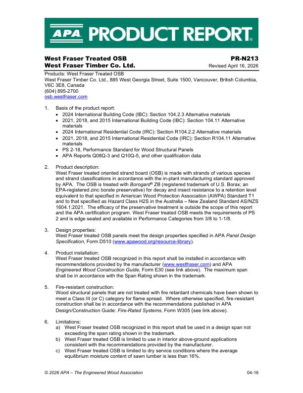 Product Report PR-N213: West Fraser Timber Co. Ltd. -
West Fraser Treated OSB. ​Revised April 16, 2026.
