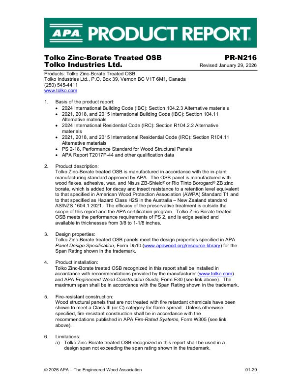 Product Report PR-N216: Tolko Industries LTD - OSB. Revised June 2, 2025.