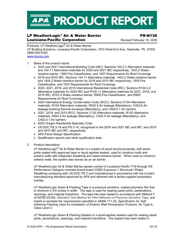 Product Report PR-N138:
Louisiana-Pacific Corporation - Air and Water Barrier. Revised February 19, 2026.