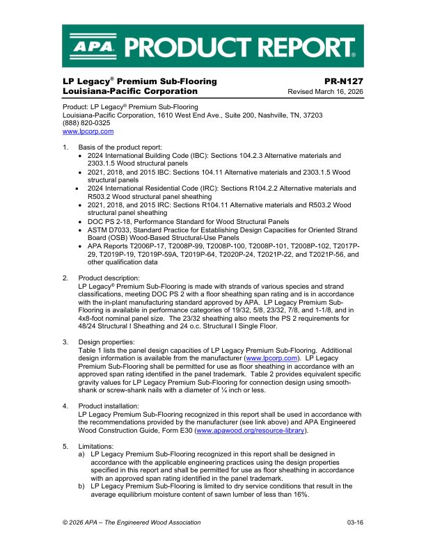 Product Report PR-N127: Louisiana-Pacific Corporation - 
LP Legacy® Premium Sub-Flooring. Revised March 16, 2026.