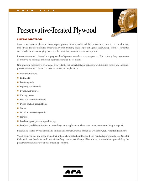 Data File: Preservative-Treated Plywood (Q220)

Specifications, uses and advantages, acceptances, technical data, finishing recommendations and identification. 

2/1/2013