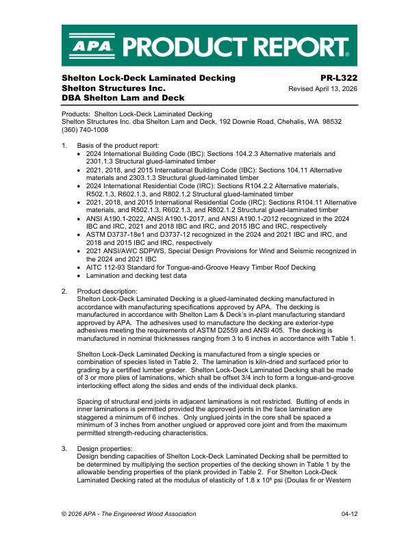 Product Report
PR-L322
Shelton Structures
Glulam (Decking)
April 14, 2024