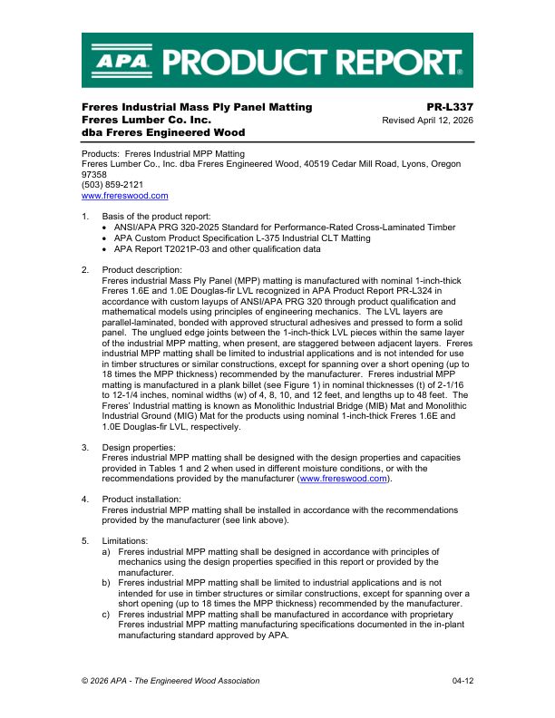 Product Report
PR-L337: Freres Engineered Wood -  
 Freres Industrial MPP Matting. Revised April 12, 2026.