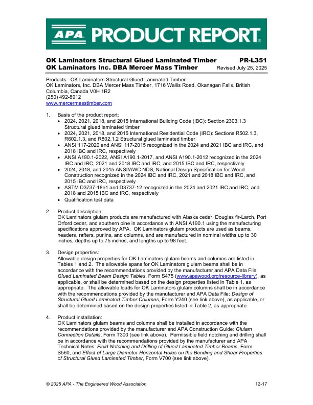 Product Report PR-L351: OK Laminators Structural Glued Laminated Timber - OK Laminators Structural Glued Laminated Timber. Issued July 25, 2025.