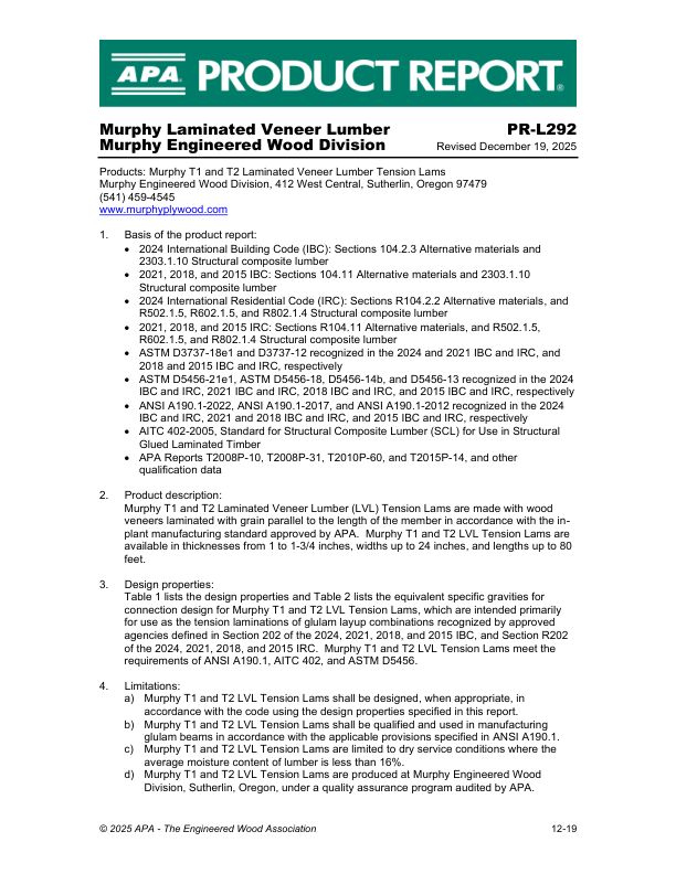 Product Report
PR-L292: Murphy Engineered Wood Division -
Murphy T1 and T2 LVL Tension Lams. 

Revised December 19, 2025