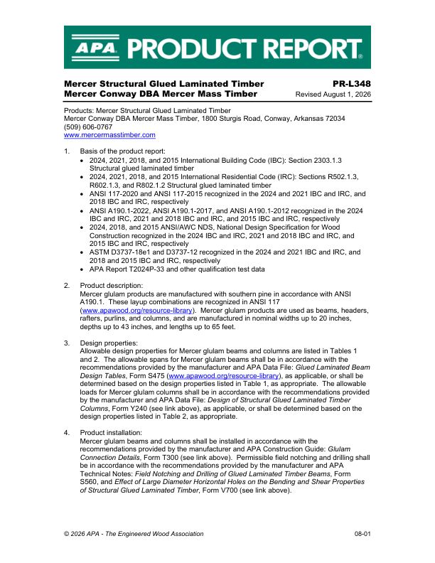 Product Report
PR-L348: Mercer Conway DBA Mercer Mass Timber - Mercer Structural Glued Laminated Timber. Revised August 1, 2025.