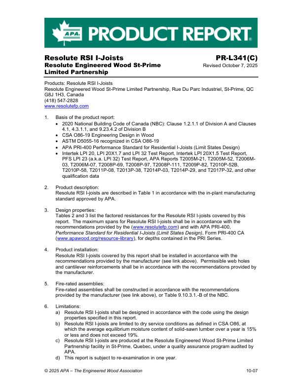 Product Report PR-L341C: Resolute Engineered Wood St-Prime Limited Partnership -  Resolute RSI I-Joists. Revised October 7, 2025.