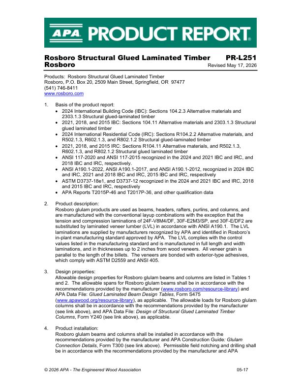 Product Report PR-L251
Rosboro - Structural Glued Laminated Timber. Revised May 17, 2026.