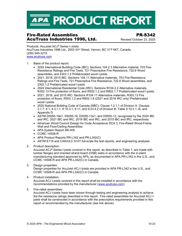 Product Report
PR-S342
AcuTruss Industries 1996, Ltd
Fire-Rated Assemblies
October 23, 2025