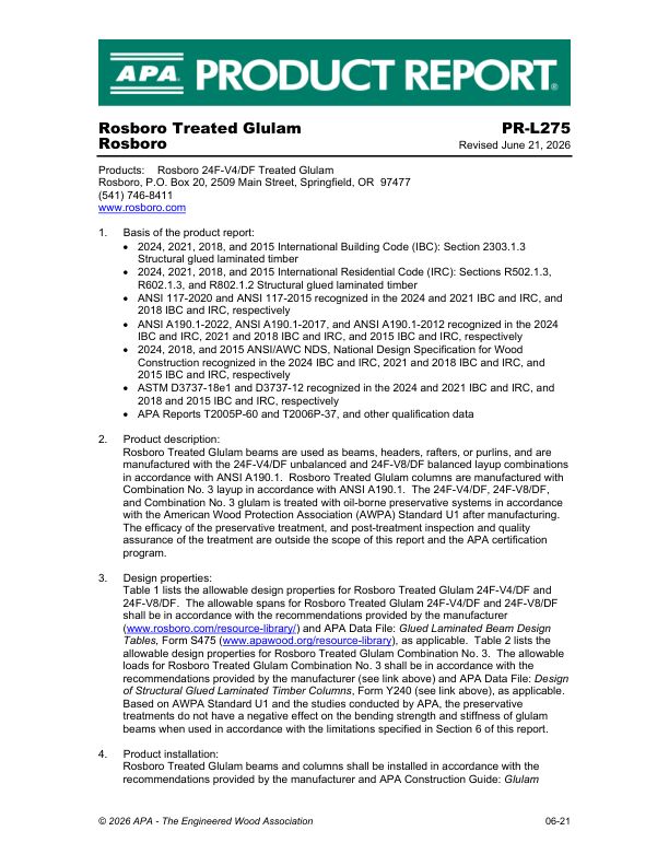 Product Report PR-L275:
Rosboro - Glulam. June 21, 2025.