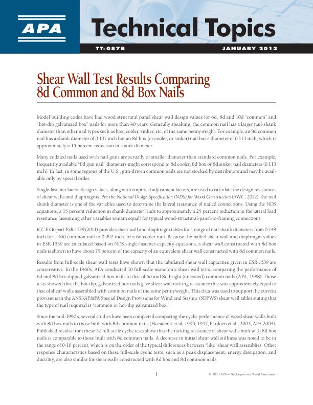 Technical Topics: Shear Wall Test Results Comparing 8d Common and 8d Box Nails (TT-087)

Results from full-scale shear-wall tests of the conservative capacities given in ESR-1539. 

Revised January 2013