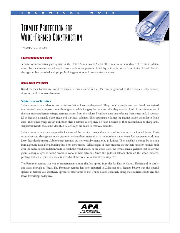 Technical Note: Termite Protection for Wood-Framed Construction (K380)

Discussion and recommendations. Revised April 2006.