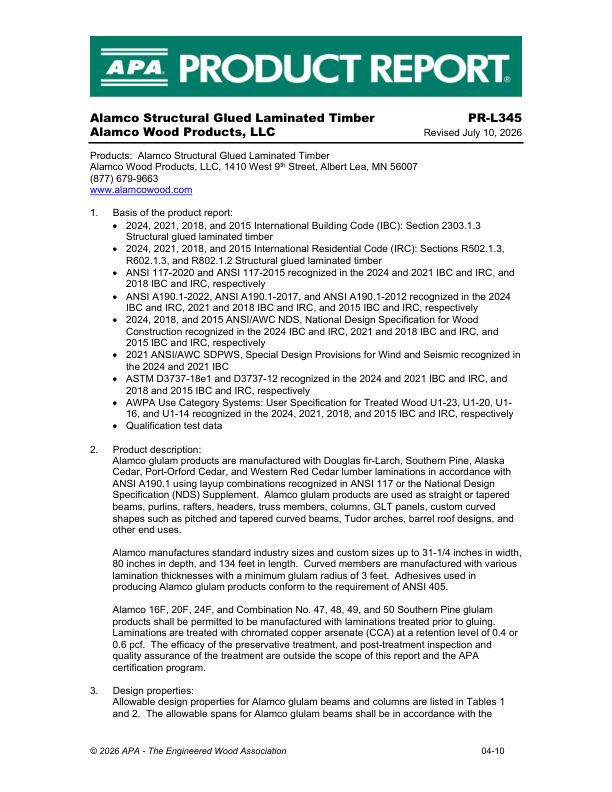 Product Report
PR-L345: Alamco Wood Products, LLC - Alamco Structural Glued Laminated Timber. Revised April 10, 2026.