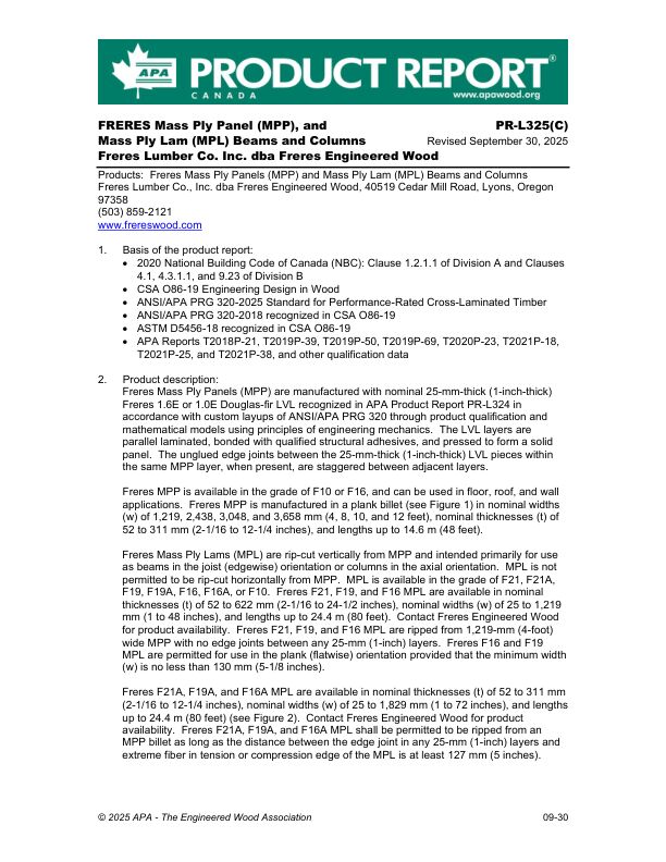 Product Report
PR-L325C: Freres Lumber Co., Inc. - Freres Mass Ply Panels (MPP) and Mass Ply Lam (MPL) Beams and Columns. Revised September 30, 2025.