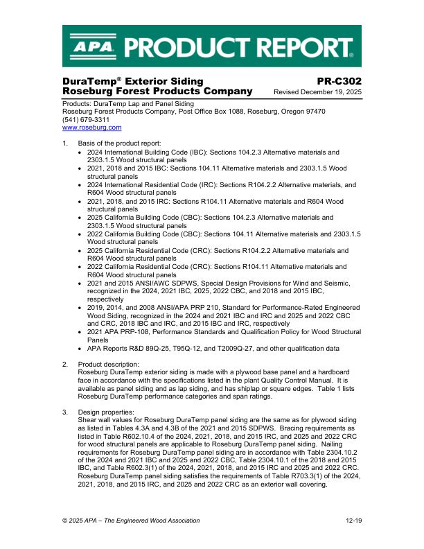 Product Report:
PR-C302
Roseburg Forest Products -
DuraTemp Lap and Panel Siding.

Revised December 19, 2025