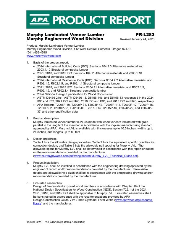 Product Report
PR-L283: Murphy Engineered Wood Division - LVL. Revised February 28, 2025.
