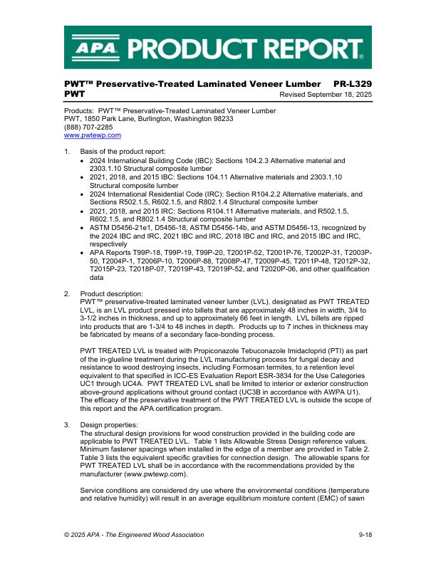 Product Report PR-L329:
PWT - LVL. September 18, 2025.