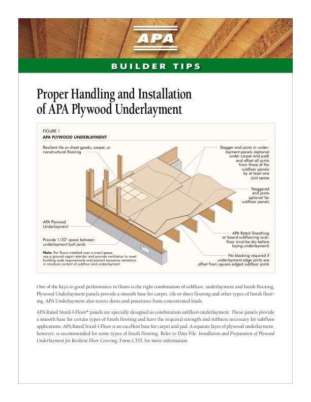 Builder Tips: Proper Selection and Installation of APA Plywood Underlayment (R340)

Includes information on selection, handling, installation, and fastening. 

Revised July 2013