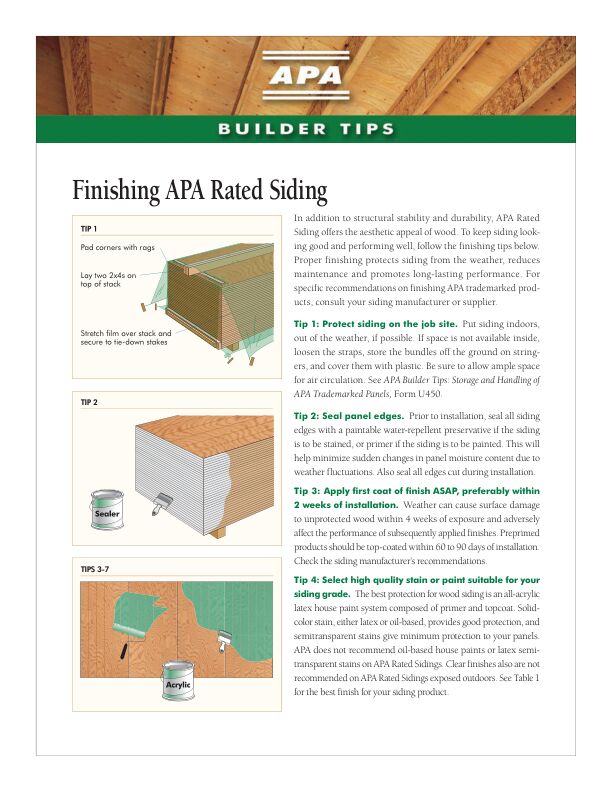 Builder Tips: Finishing APA Rated Siding (Q350)

Describes recommended finishes and application recommendations for APA Rated Siding.

5/1/2013