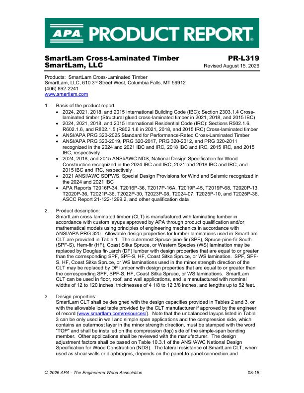 Product Report
PR-L319
SmartLam, LLC
CLT
August 15, 2025