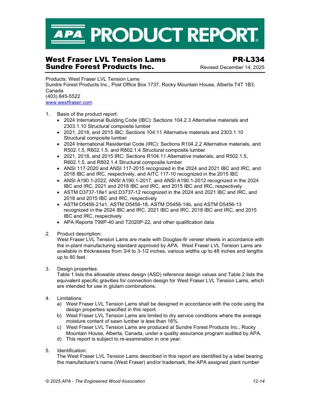 Product Report:
PR-L334
Sundre Forest Products, Inc. -
West Fraser LVL Tension Lams.
Revised December 14, 2025