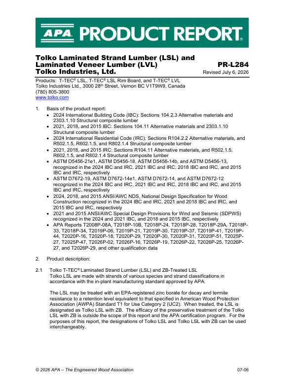 Product Report PR-L284:
Tolko Industries - LSL. Revised June 3, 2026.