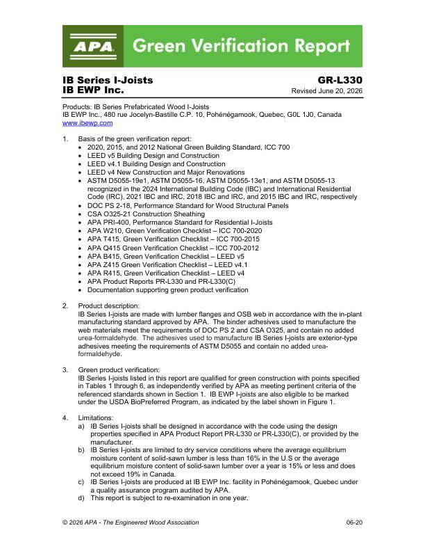 Green Verification Report
GR-L330: IB EWP Inc. - IB Series I-Joists. Revised June 20, 2026.
