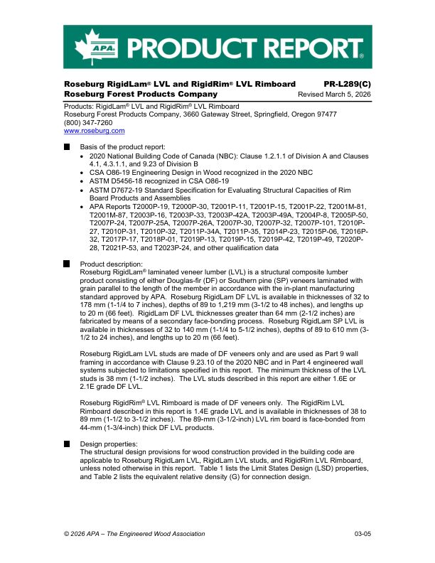 Product Report
PR-L289C: Roseburg Forest Products Company -  RigidLam® LVL and RigidRim® LVL Rimboard. Revised March 5, 2026.