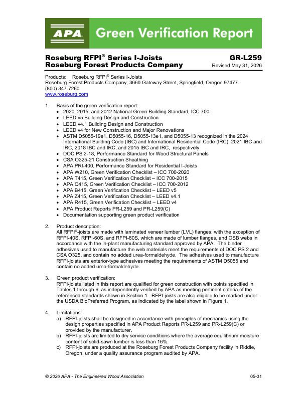 Green Verification Report
GR-L259: Roseburg Forest Products  - Roseburg RFPI® Series I-Joists. Revised May 31, 2026.