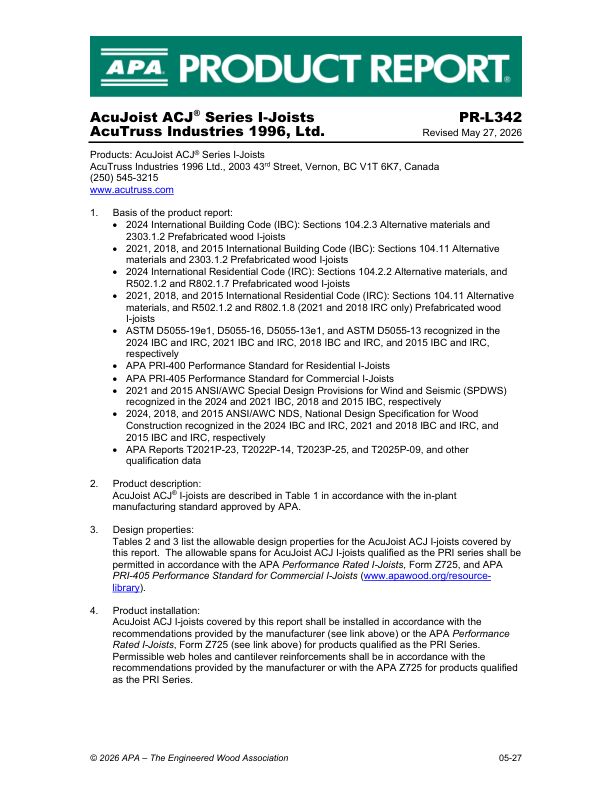 Product Report PR-L342: AcuTruss Industries 1996 (LTD) - AcuJoist ACJ® Series I-joists. Revised May 27, 2026.