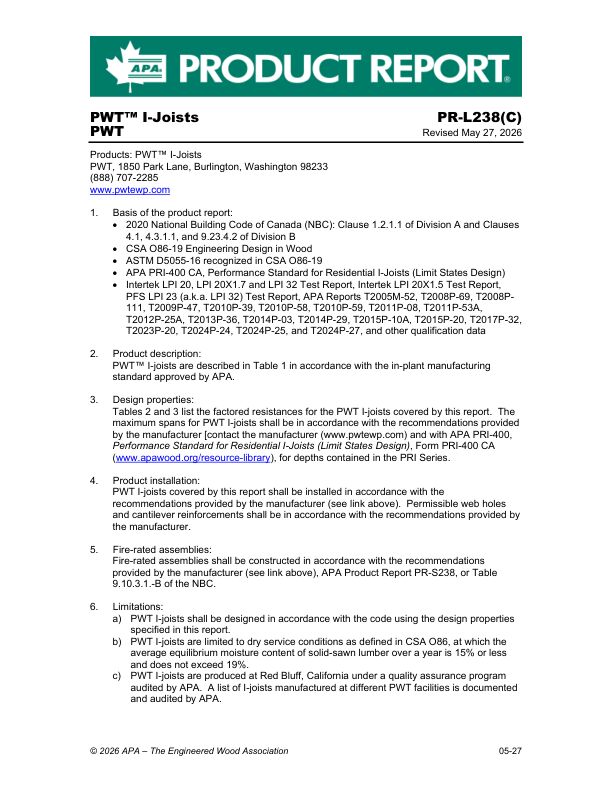 Product Report PR-L238(C):
PWT - PWT I-Joist. Revised May 27, 2026