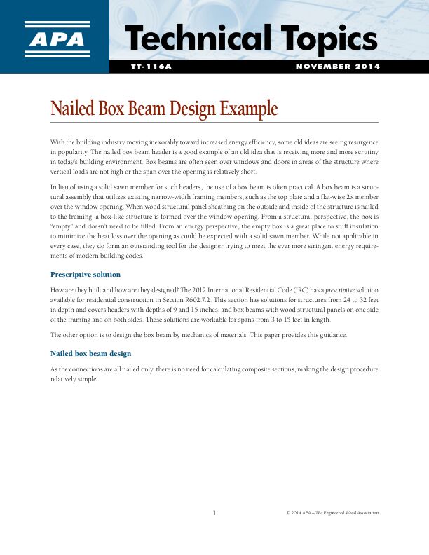 Technical Topics: Nailed Box Beam Design Example (TT-116)

Box beam design using material mechanics.

Revised November 2014