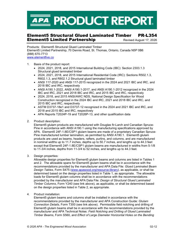 Product Report PR-L354(C): Element5 Limited Partnership - Element5 Structural Glued Laminated Timber. Revised February 12, 2026.