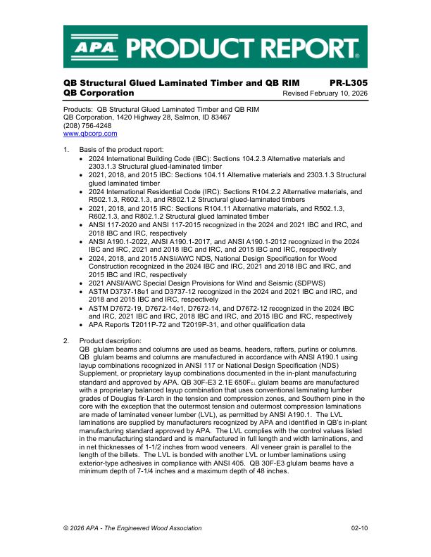 Product Report PR-L305: QB Corporation - QB Structural Glued Laminated Timber and QB RIM. February 10, 2026.
