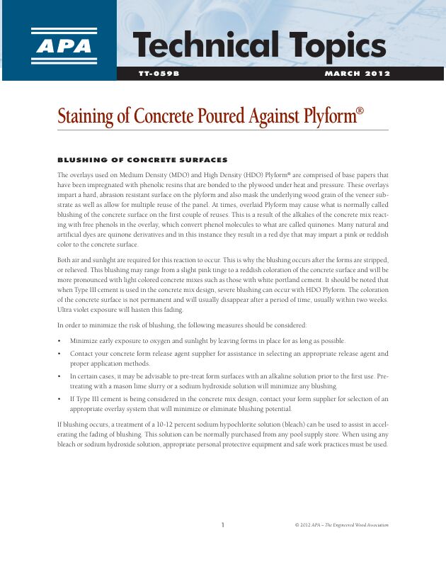 Technical Topics: Staining of Concrete Poured Against Plyform® (TT-059)

Discusses the causes of concrete staining and provides some possible solutions. 

Revised March 2012