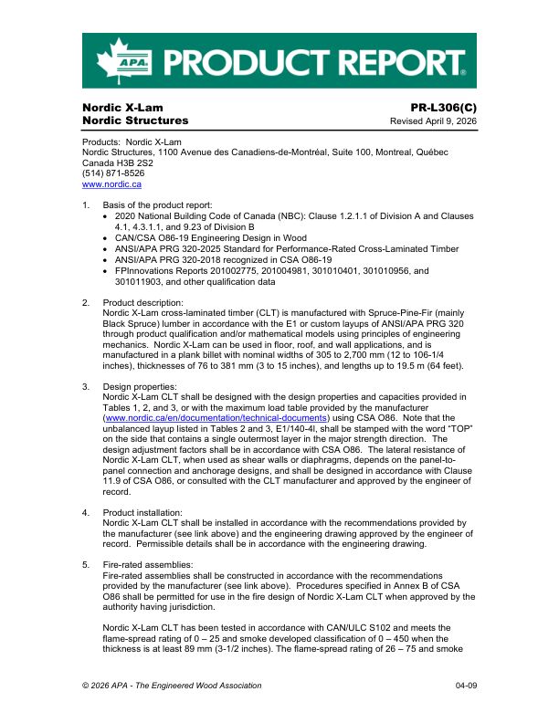 Product Report APA-PR-L306(C):
Nordic Structures - X-Lam. Revised April 9, 2026.