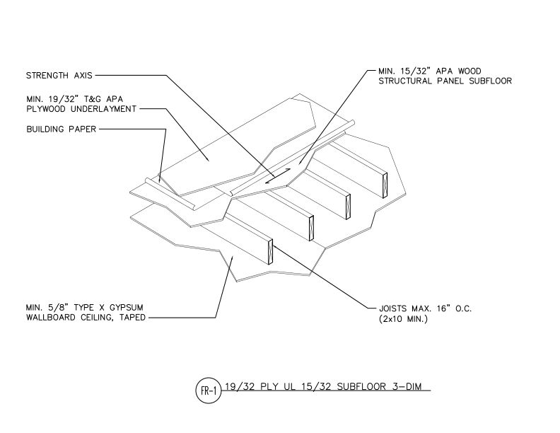 19/32" T&G APA Plywood Underlayment, 15/32" APA Wood Structural Panel Subfloor, 3-Dimensional Detail (DT-FR-1)