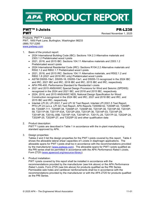 Product Report:
PR-L238
PWT - I-Joist PWT.
Revised November 1, 2025