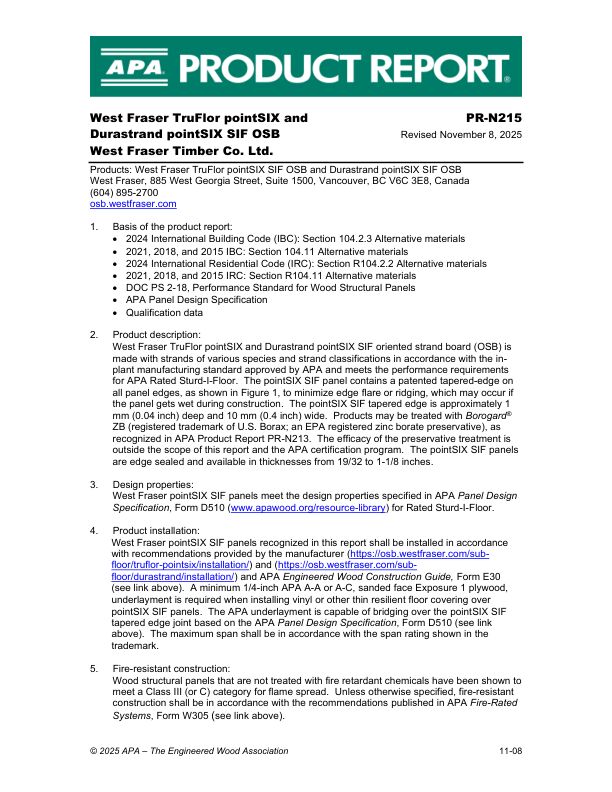 Product Report PR-N215: West Fraser Timber Co. LTD - OSB. Revised November 8, 2025.