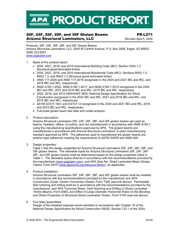 Product Report PR-L271: Arizona Structural Laminators LLC - 
Glulam. April 5, 2026.