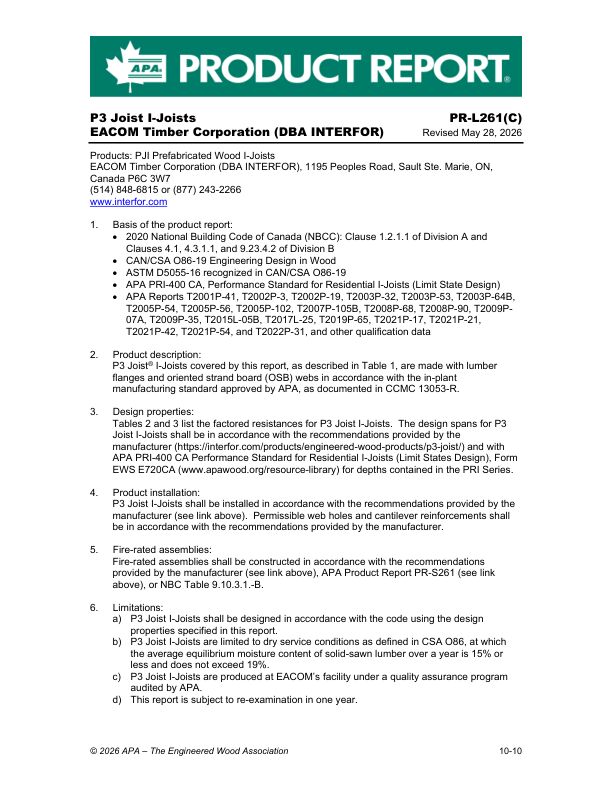 Product Report PR-L261C: EACOM Timber Corporation (DBA INTERFOR) - PJI Prefabricated Wood I-Joists. Revised May 28, 2026.