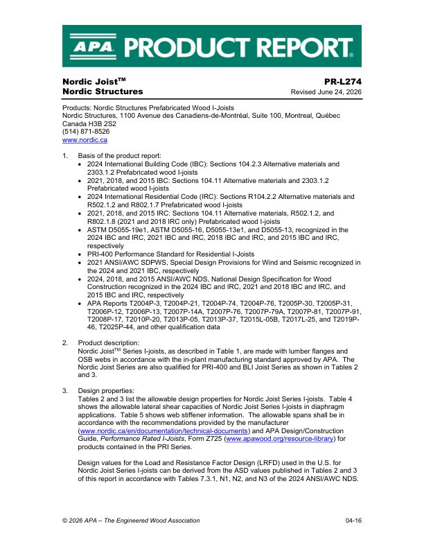 Product Report
PR-L274
Nordic Structures 
Nordic Joist

Revised: April 16, 2026