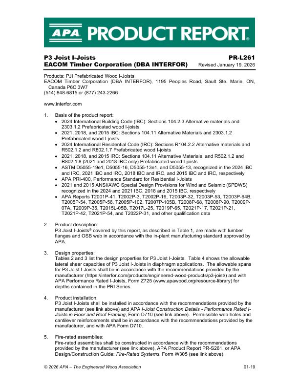 Product Report
PR-L261
EACOM Timber Corporation (DBA INTERFOR)
P3 Joist I-Joist

Revised: January 19, 2025