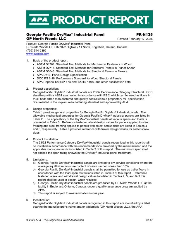 Product Report PR-N135:
GP North Woods LLC - Georgia Pacific DryMax Industrial Panel.
February 17, 2026.