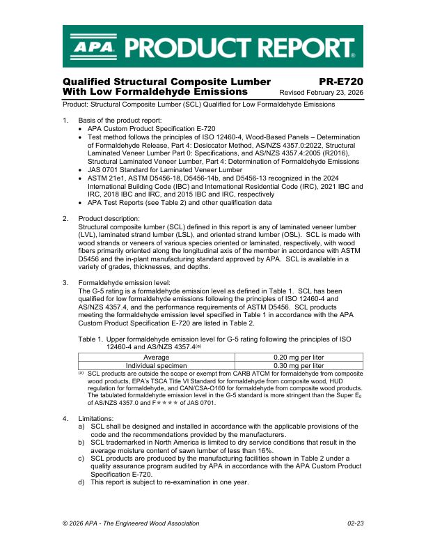 Product Report: PR-E720 -
Qualified Structural Composite Lumber with low formaldehyde emissions. Revised February 23, 2026.
