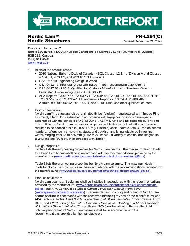 Product Report
PR-L294C: Nordic Structures -
Nordic Lam™. Revised December 21, 2025.
