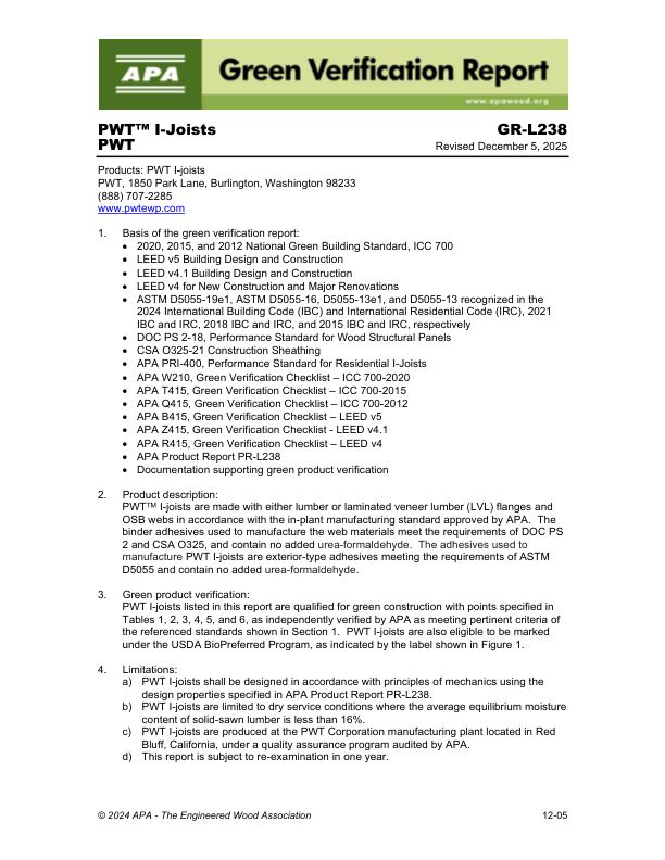 Green Verification Report GR-L238: PWT - PWT™ I-Joists. Issued December 5, 2025