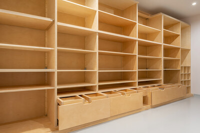 Modern Custom-Built Birch Plywood Storage Unit with Integrated Shelves and Drawers for Home or Office Organization