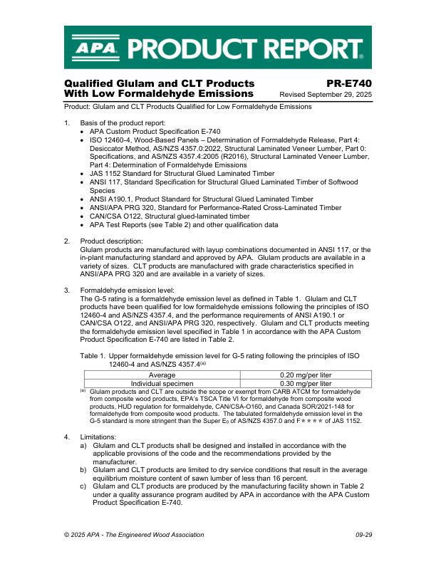 Product Report: PR-E740 - Qualified Glulam and CLT products with low formaldehyde emissions. Revised September 29, 2025.