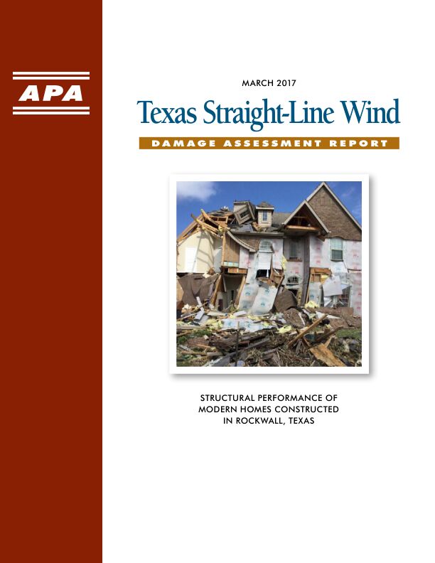 Special Publication:
Texas Straight-Line Wind Damage Assessment Report (SP-1182)

This report summarizes the findings of a team of structural engineers who visited the site shortly after the windstorm to assess the damages sustained by residences as a result of the high winds. Issued October 2017.